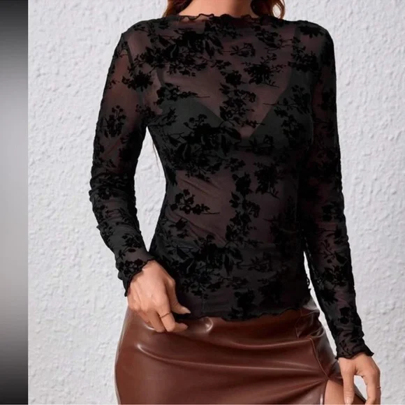 Black Floral Pattern Mesh Long Sleeve Fitted Sheer Shirt Stretchy - Picture 5 of 6